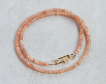 Peach Moonstone Carabiner necklace |  Peach Moonstone Necklace, daintypeach moonstone , June Birthstone Jewelry, boho gemstone