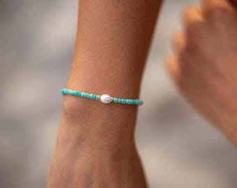 Turquoise Pearl bracelet gold filled | Genuine Turquoise bracelet | [EBTP1113] beaded turquoise jewelry | June birthstone