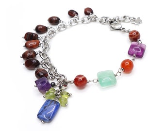 Bracelet acier Inox: fluorine, cornaline, œil de fer, péridot, améthyste.