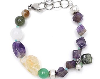 Pulsera de acero inoxidable: citrino, jade y auténticas perlas cultivadas de agua dulce.
