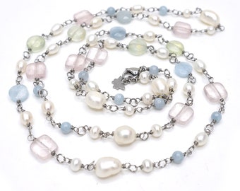 Stainless steel long necklace necklace: Rose quarte, Aquamarine, Peridot, Baroque pearl and freshwater pearl.