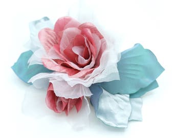 Blue grey/pink/ivory flower brooch in taffeta, satin, organza fabric.