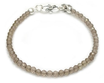 Pulsera 925/1000, cuentas redondas de cuarzo ahumado facetadas de 3mm.