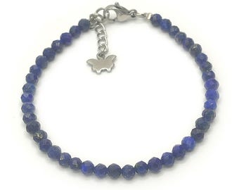 Pulsera (5 piedras): lapislázuli, aguamarina, peridoto, cuarzo ahumado, labradorita. Cuentas redondas facetadas de 4 mm.