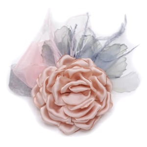 Pink and gray flower brooch, satin fabric, organza and feather.