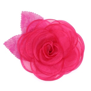 Spilla fiore in tessuto organza, 5 colori blu navy, rosso, fucsia, rosa, salmone. Rose fuchsia