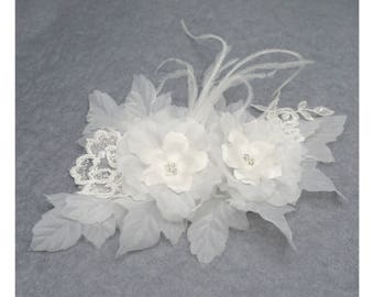 Flower brooch wedding lace: satin, organza and feather. Ivory color. Crystal embroidery