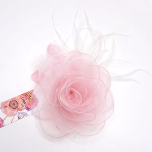 Organza fabric flower and feather brooch. (5 colors: red, pink, gray, black, white)