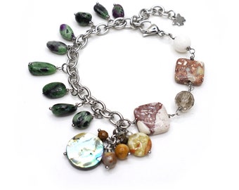 Stainless steel bracelet: ruby zoisite, jasper, white coral, smoky quartz, abalone mother-of-pearl.