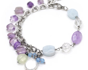 Bracelet acier inox: aigue-marine, cristal de roche, amétrine, péridot, perle baroque.