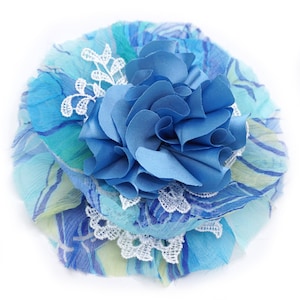 Turquoise blue silk flower brooch in satin, chiffon and lace.