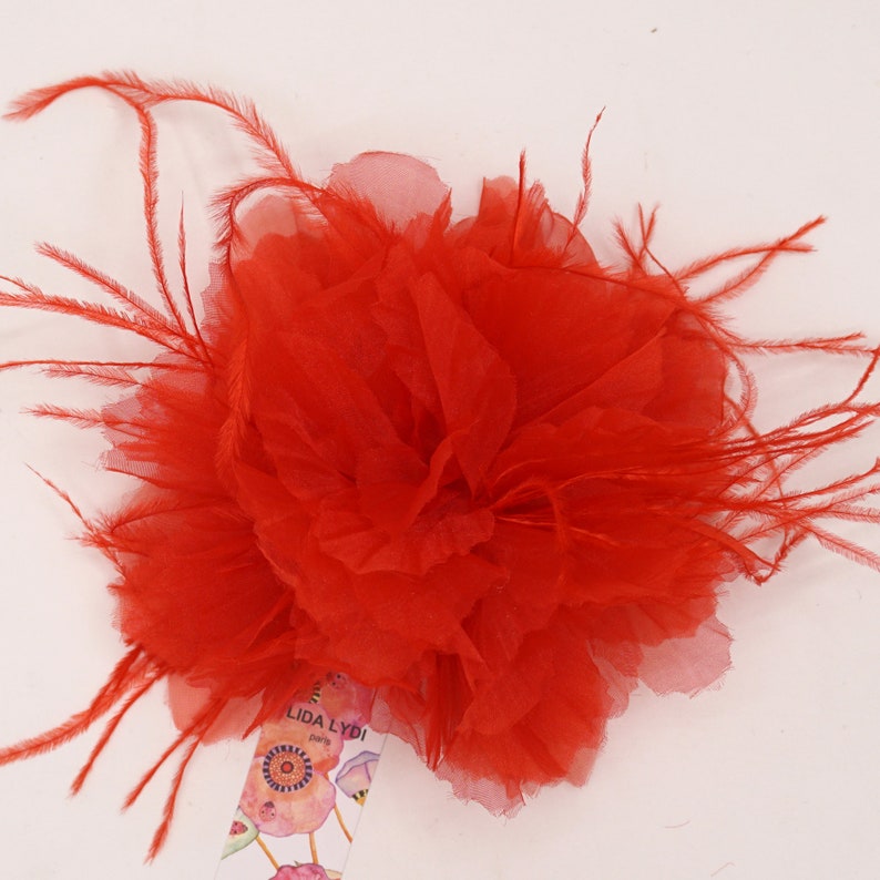 Organza and feather flower brooch. image 3