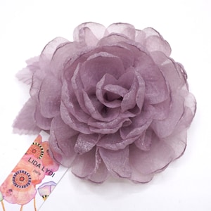 Organza camellia flower brooch, 8 colors: lilac, verdigris, blue, yellow, light beige, white, ivory, orange.
