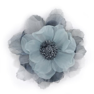 Organza and satin flower brooch, 3 colors (blue gray, white, gray).