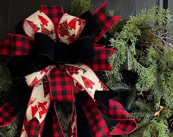 The Drew Buffalo Plaid Red, Black, Burlap  Farmhouse Christmas Tree Topper Bow, swag bow, wreath bow, country