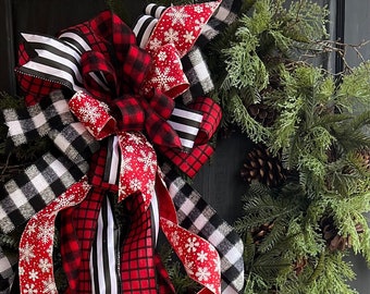 The Harley Black, White, Red Christmas Tree Topper Bow, buffalo plaid bow, xl streamers