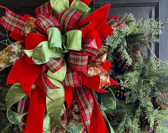 The Jillian XXL Red, Green, Gold Plaid Christmas Tree Topper Bow, wreath bow, swag bow, oversized bow topper, velvet topper