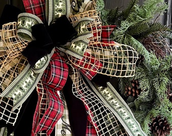 The Billie Red, Black, Moss green, white and burlap Reindeer Farmhouse Christmas Tree Topper Bow, Wreath bow, swag bow