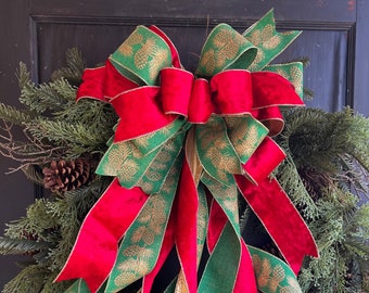 The Evette Luxury Velvet Red & Green Christmas Tree Topper Bow