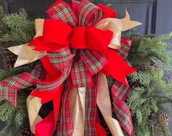 The Maxine Red, Tartan Plaid, & Gold Christmas Tree Topper Bow with long streamers, wreath bow