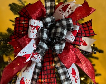 The Carlie Cardinal Red, Black, and White Plaid Christmas Tree Topper Bow with long streamers, wreath bow, swag bow, staircase bow