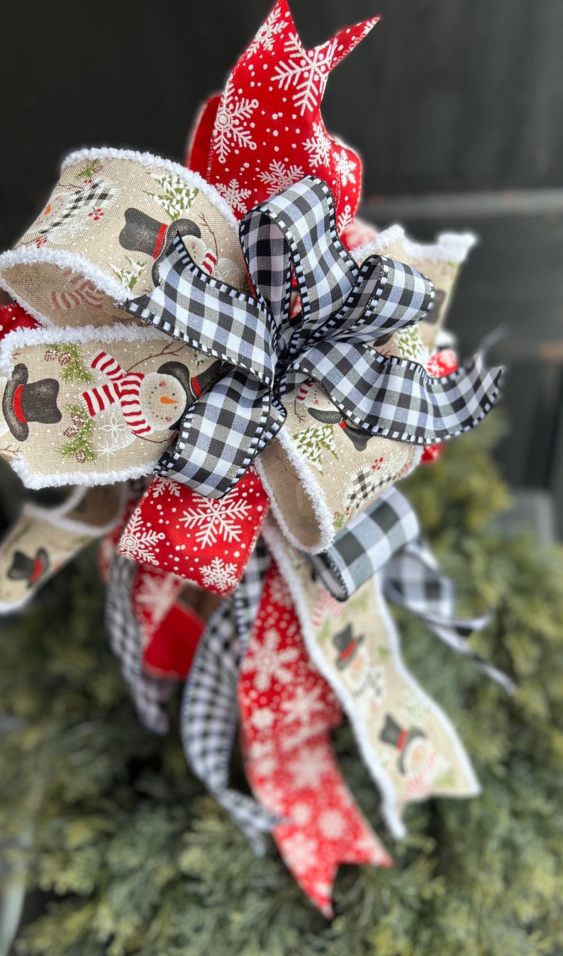 The Frosty Snowman Red, Black, & White Winter Tree Topper Bow XL streamers, snowflake, staircase, lantern topper, snowmen image 10