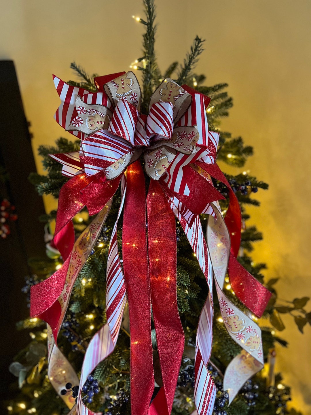 Candy Cane Christmas Tree Topper Bow: Gingerbread & Peppermint, 4ft ...