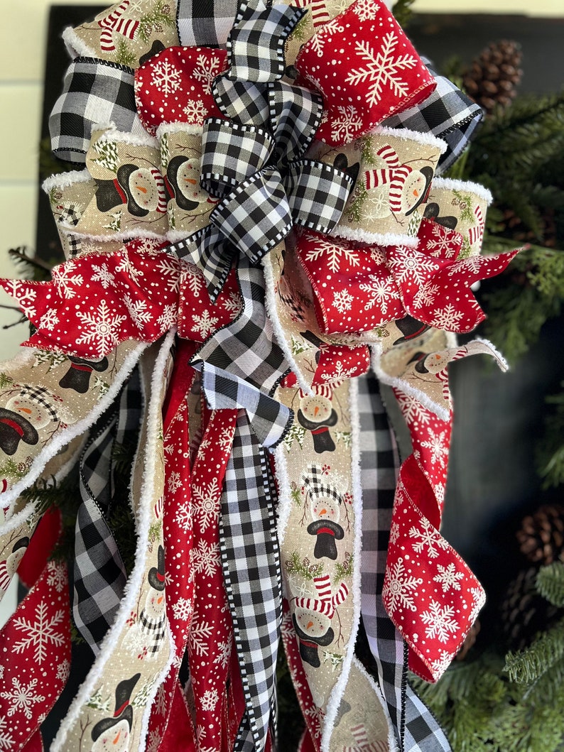 The Frosty Snowman Red, Black, & White Winter Tree Topper Bow XL streamers, snowflake, staircase, lantern topper, snowmen image 7