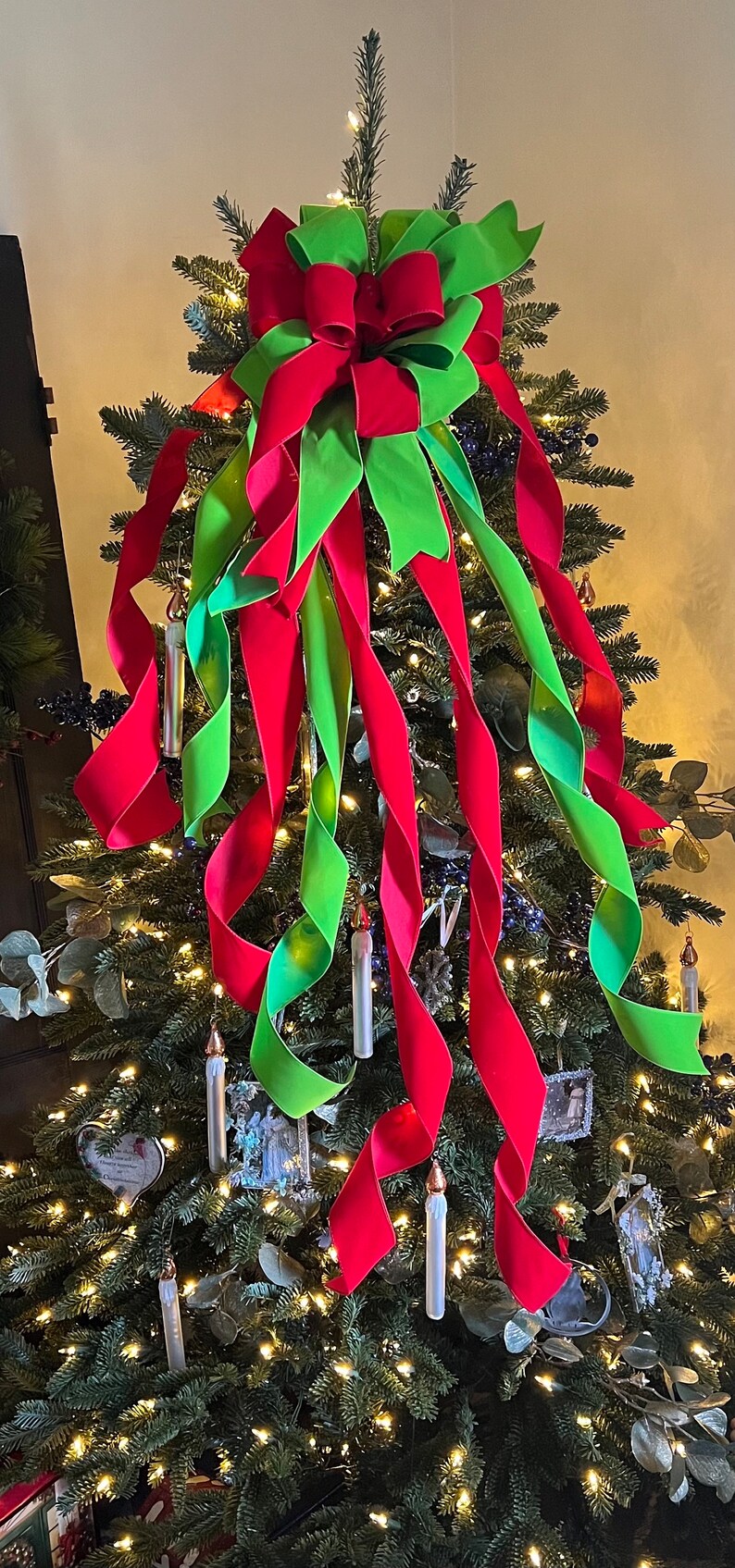 The Marty Red & Lime Green Velvet Christmas Tree Topper Bow, Wreath Bow ...