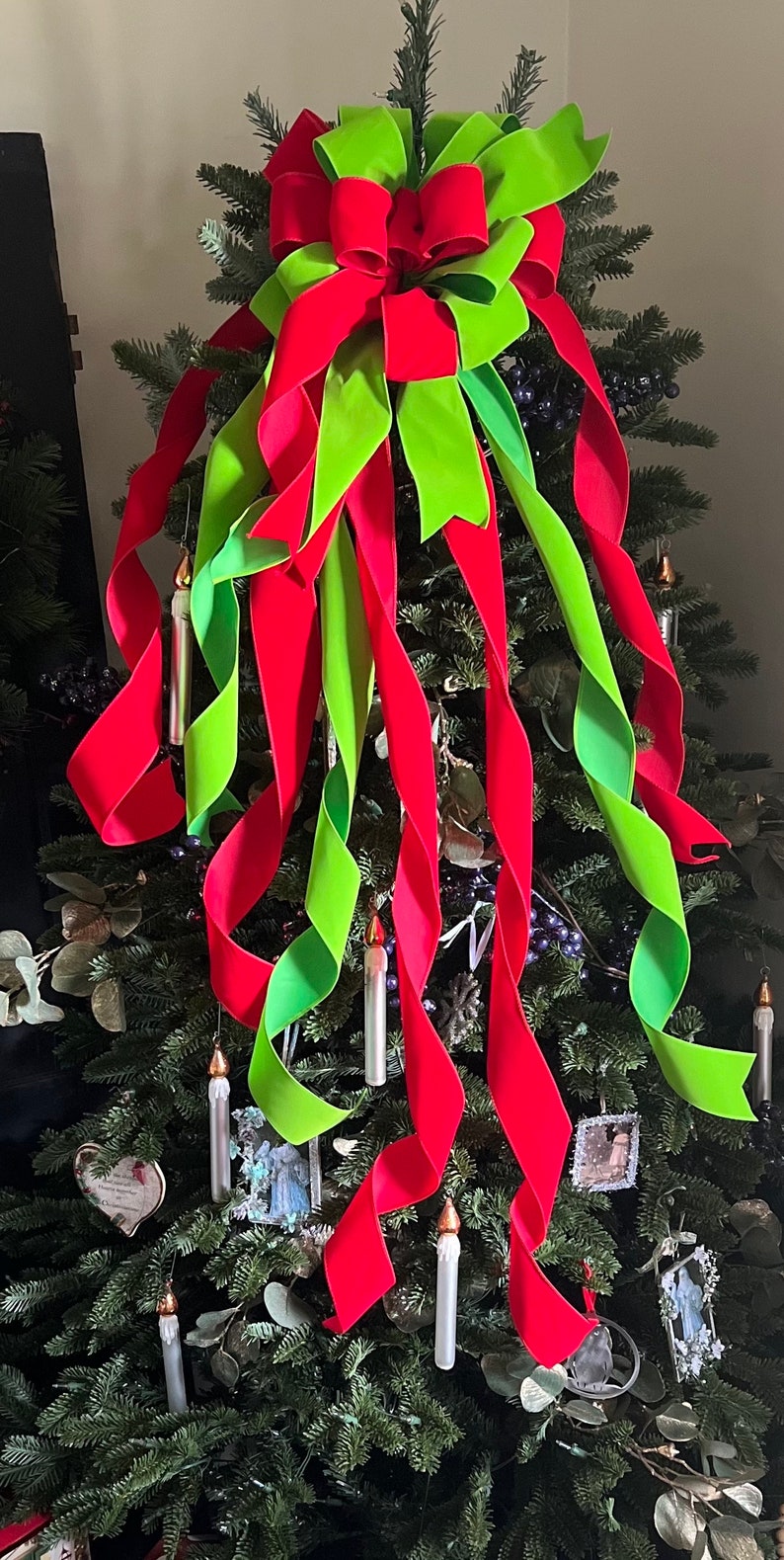 The Marty Red & Lime Green Velvet Christmas Tree Topper Bow, Wreath Bow ...