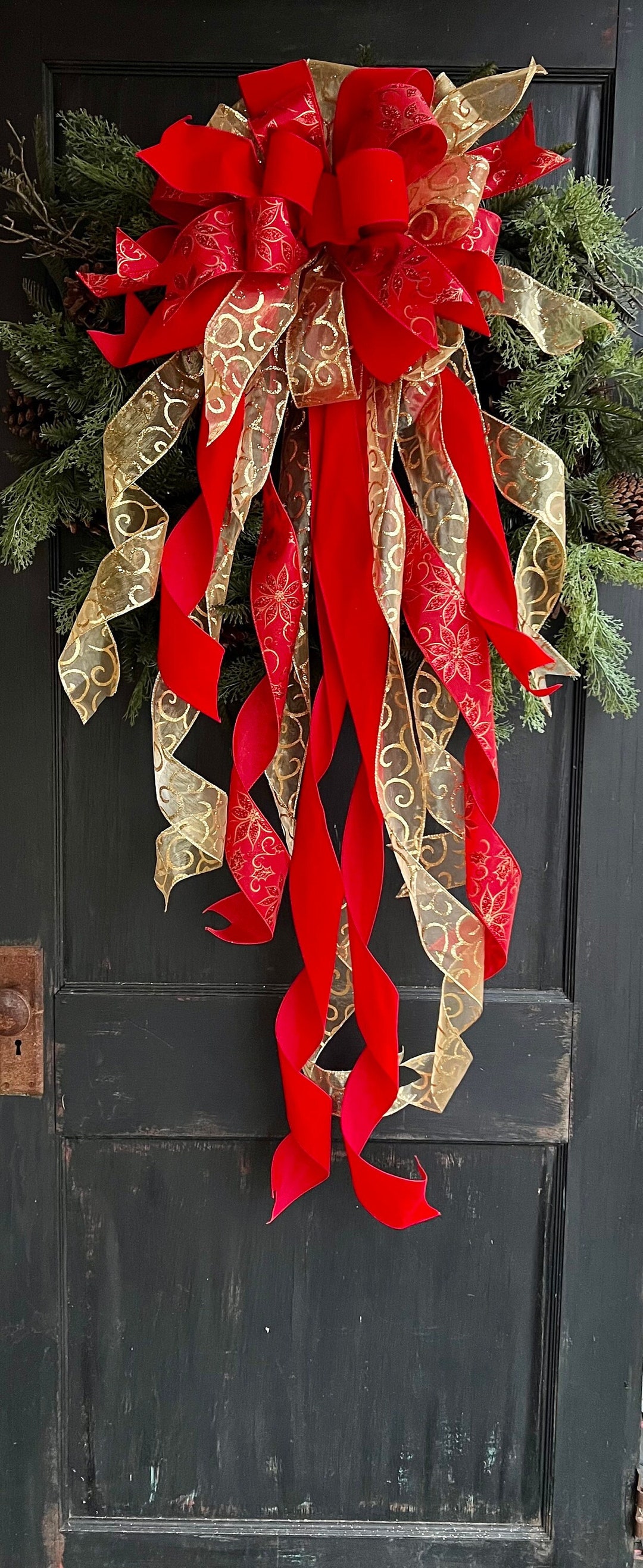 The Lettie Red and Sparkly Gold Velvet Christmas Tree Topper Bow With ...
