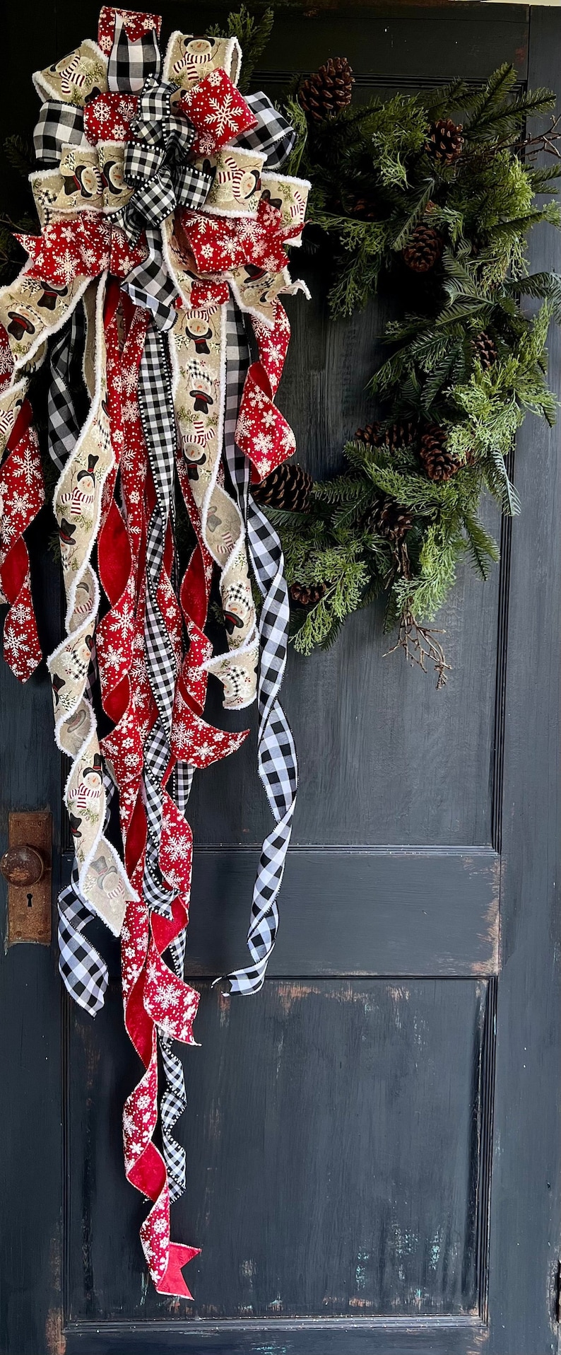 The Frosty Snowman Red, Black, & White Winter Tree Topper Bow XL streamers, snowflake, staircase, lantern topper, snowmen image 2