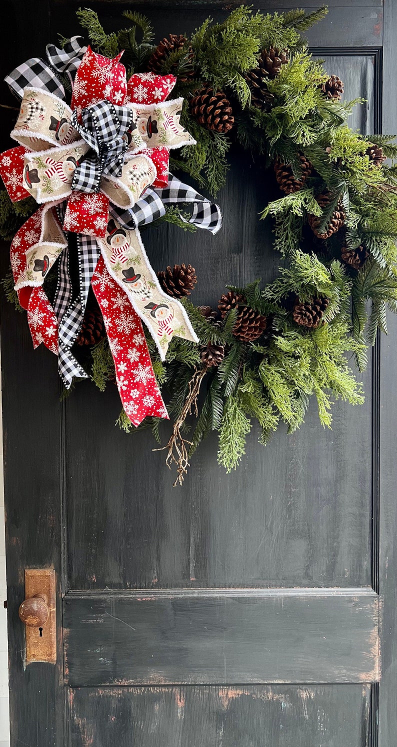 The Frosty Snowman Red, Black, & White Winter Tree Topper Bow XL streamers, snowflake, staircase, lantern topper, snowmen image 1