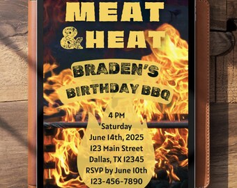 Meat & Heat BBQ Invitation Template | Printable Backyard Cookout Party Invite for Men | Grilling Birthday Bash or Summer Cookout