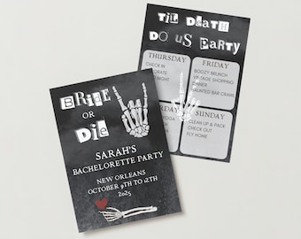 Invitation et itinéraire « Bride or Die EVJF » | Faites la fête jusqu'à la mort | Douche nuptiale gothique fantasmagorique | Modèle imprimable