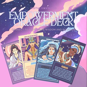 May include: A set of digital oracle cards with colorful illustrations and text. The cards feature deities from different cultures, including Kuan Yi, Amun, Goddess of the Sea, and Yemanya. The cards are designed to help you connect to your inner wisdom and intuition.