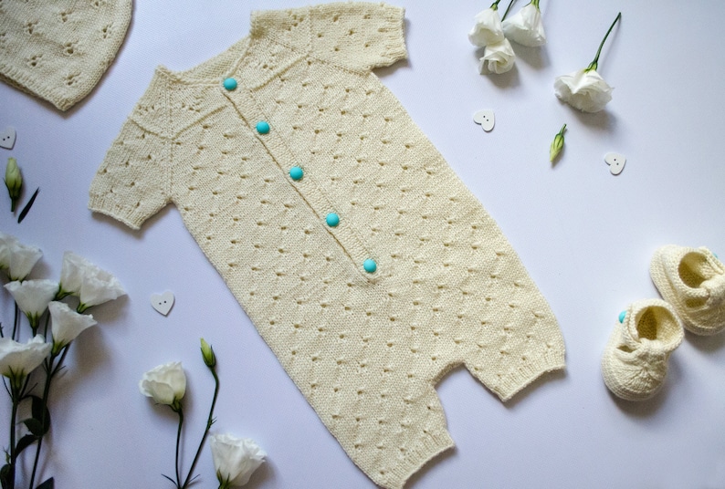 hat and sandals Take home outfit Baby baptism clothes Baby romper booties and hat set Ivory baby boy baptism outfit Knit baby girl romper