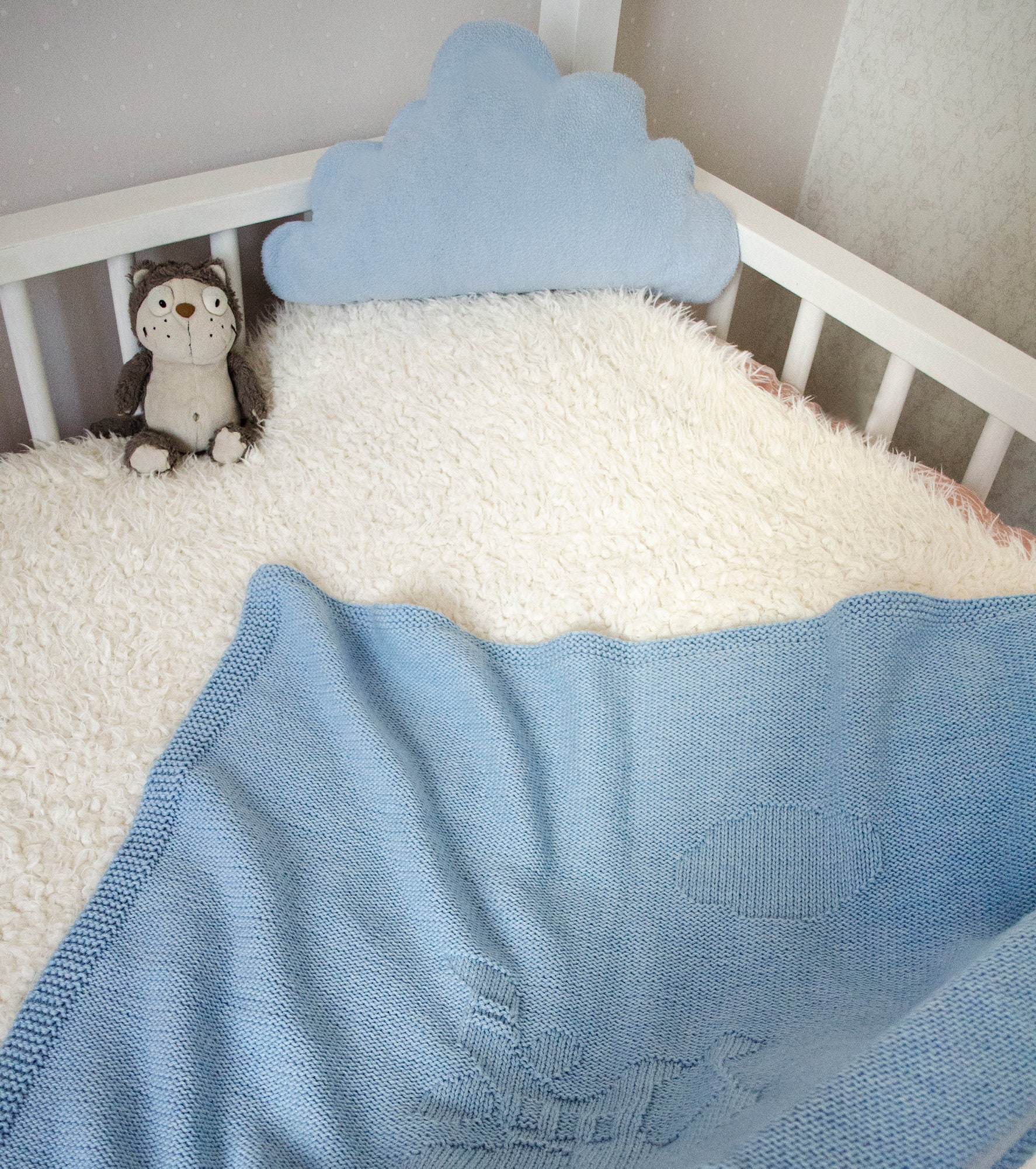 Airplane Baby Blanket Knit Baby Boy Wrap in Baby Blue Color Reversible