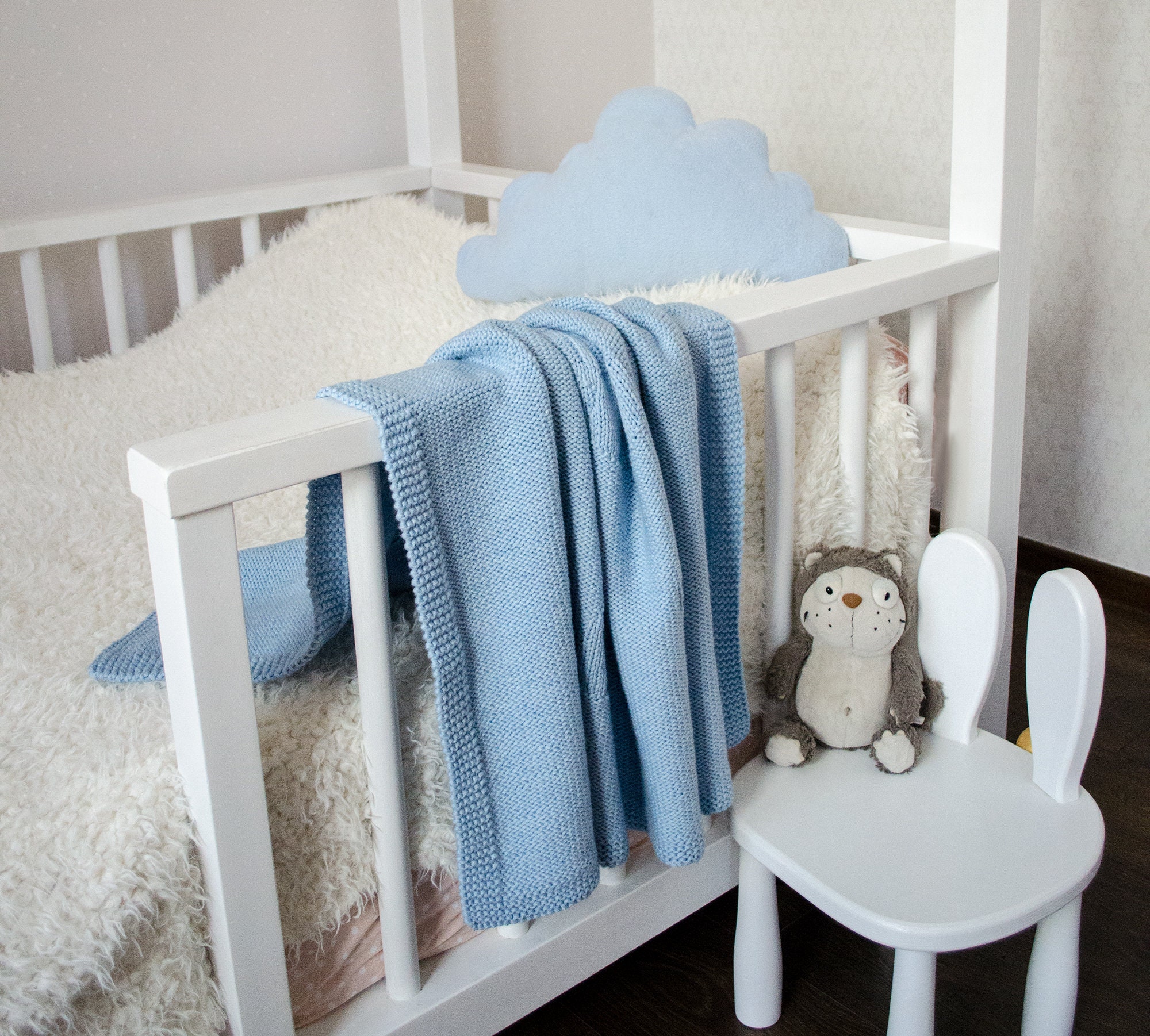 Airplane Baby Blanket Knit Baby Boy Wrap in Baby Blue Color Reversible