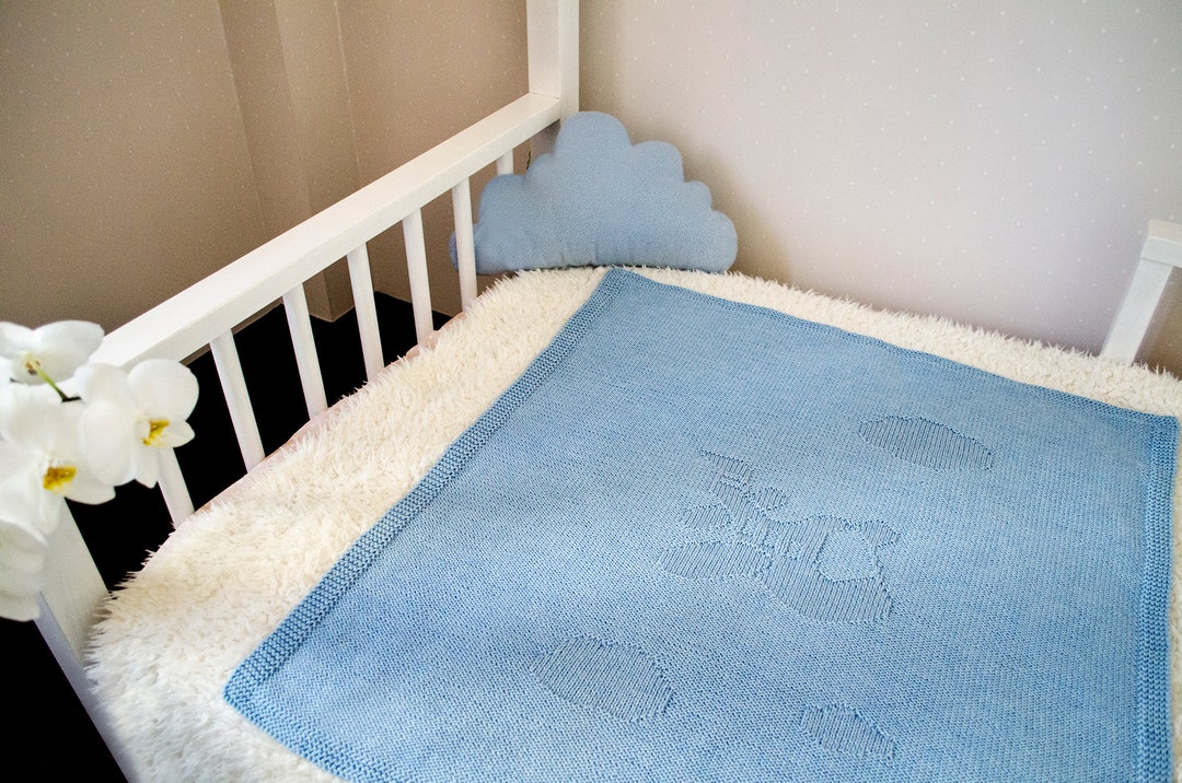 Airplane Baby Blanket Knit Baby Boy Wrap in Baby Blue Color Reversible Newborn Carrier Mommy to