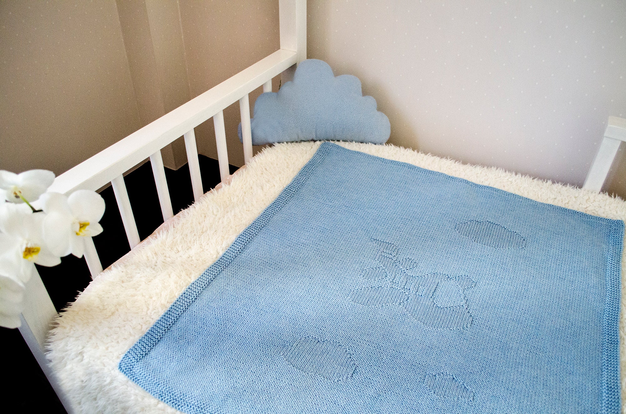 Airplane Baby Blanket Knit Baby Boy Wrap in Baby Blue Color Reversible