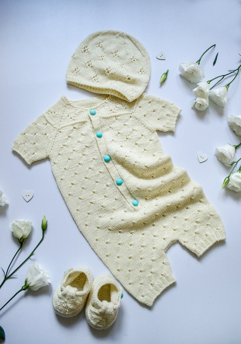 hat and sandals Take home outfit Baby baptism clothes Baby romper booties and hat set Ivory baby boy baptism outfit Knit baby girl romper