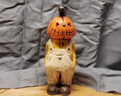 Wood Carving - Wooden Pumpkin Head Man Carving Large Hand Carved and Painted Halloween Decor By Joinershandcrafted