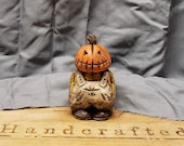 Wood Carving - Wooden Pumpkin Head Man Carving Hand Carved and Painted Halloween Decor By Joinershandcrafted