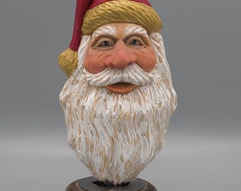 Wood Carving - Wooden Santa Carving with Red Hat Christmas Tree Ornament - Hand Carved and Painted - Christmas - Joinershandcrafted