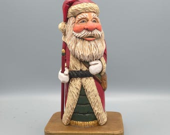 Wood Carving - Wooden Santa Carving in Red and White Robe on Base Hand Carved and Painted - Christmas Decor - By Joinershandcrafted