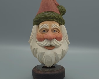 Wood Carving - Wooden Santa Carving with Red Hat Christmas Tree Ornament - Hand Carved and Painted - Christmas - Joinershandcrafted