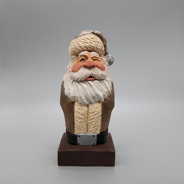 Wood Carving - Wooden Santa Bust Carving in a BronzeCoat with  White Trim Hand Carved and Painted - Christmas - Gifts  By Joinershandcrafted