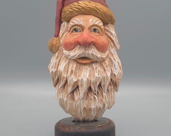 Wood Carving - Wooden Santa Carving with Red Hat Christmas Tree Ornament - Hand Carved and Painted - Christmas - Joinershandcrafted