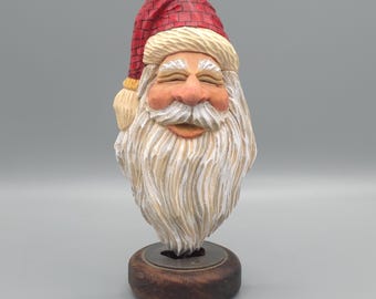 Wood Carving - Wooden Santa Carving with Red Hat Christmas Tree Ornament - Hand Carved and Painted - Christmas - Joinershandcrafted